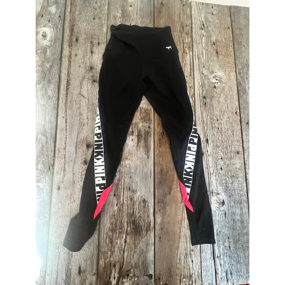 PINK Victoria's Secret Black Mesh Logo Leggings High Waist‎ XS Activewear Tights